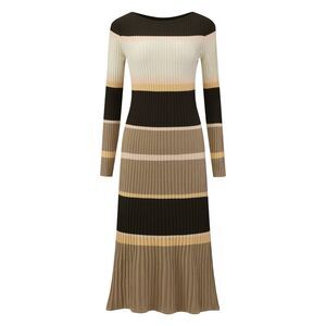 Women's Striped Sweater Dress Long Sleeve Ribbed Knit Bodycon Dress Khaki